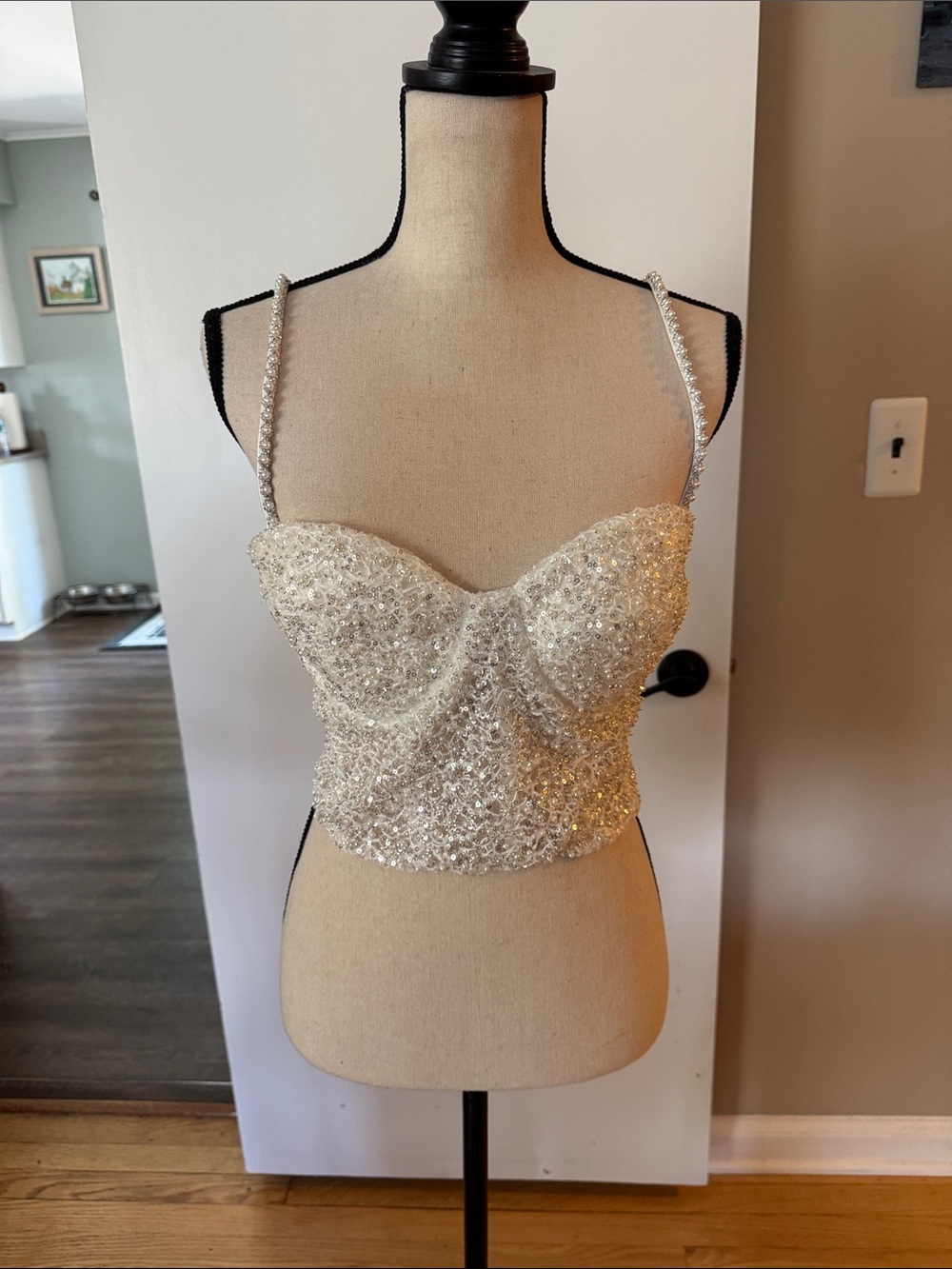 NADINE MERABI Ivory Beaded Crop Top